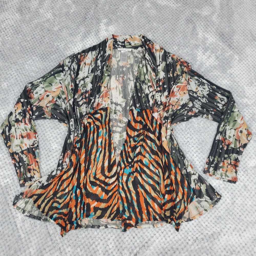 Alberto Makali Flowy Cardigan Womens M Mixed Media Floral Art to Wear Lagenlook